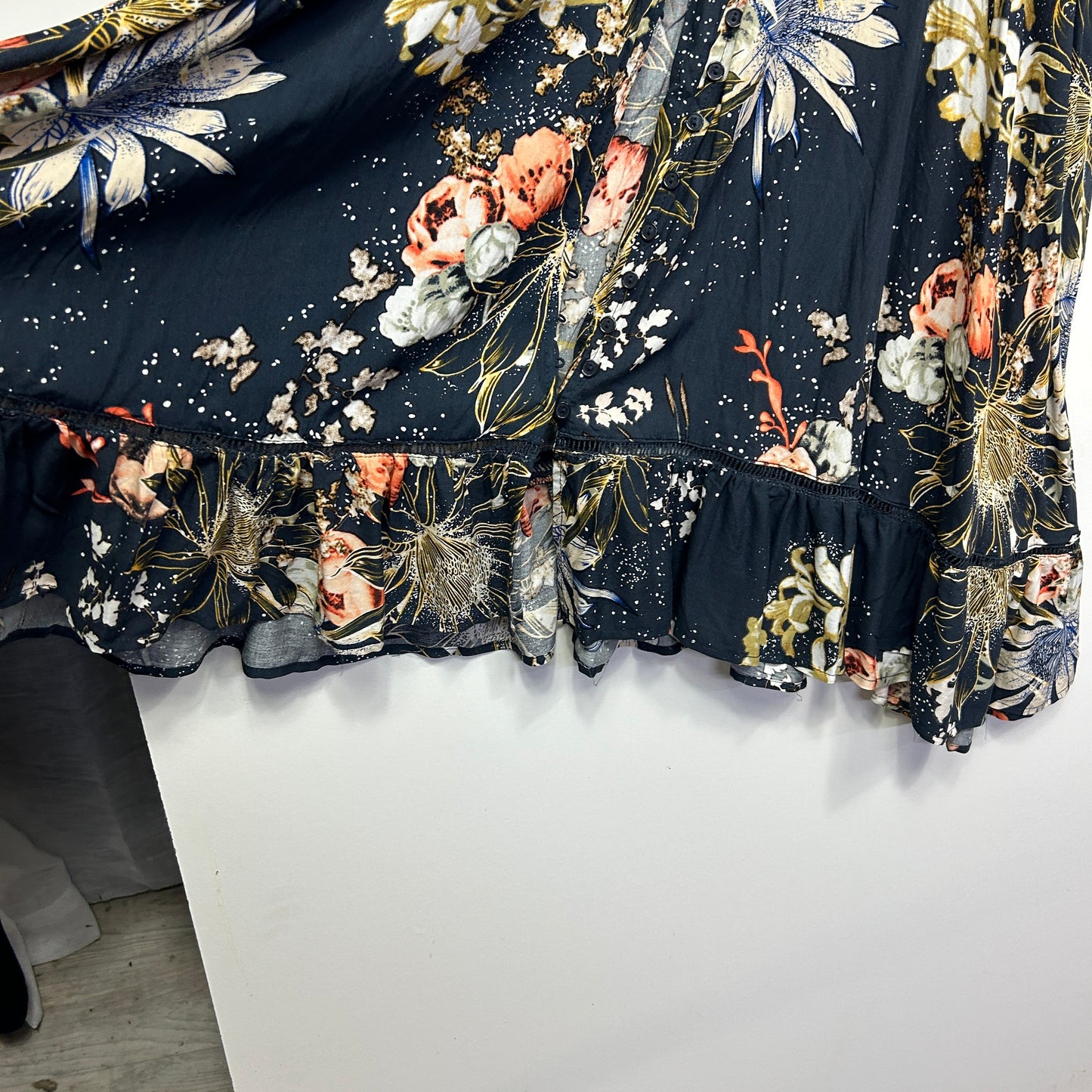 Jaase Navy Floral Print Boho Dress with Ruffle Hem - Size 20