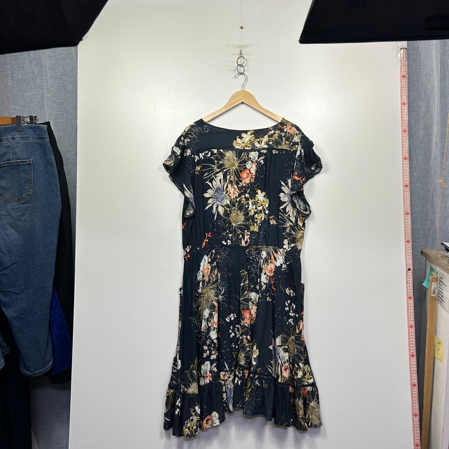 Jaase Navy Floral Print Boho Dress with Ruffle Hem - Size 20