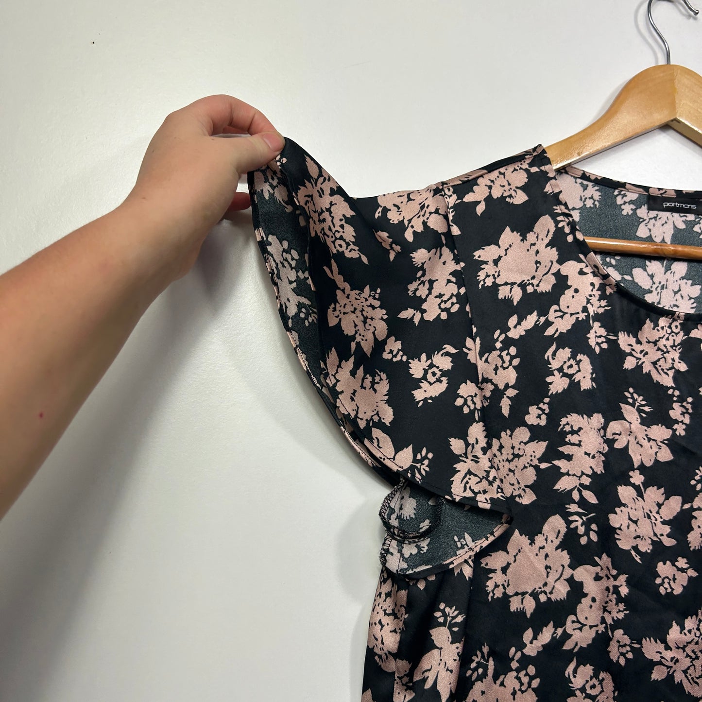 Portmans Black Floral Print Top - Size 14