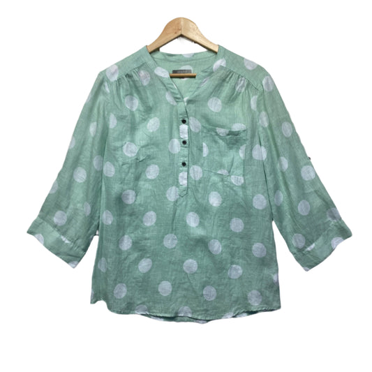 Yarra Trail Linen Top Size 14 Large Green Polka Dots 3/4 Sleeve