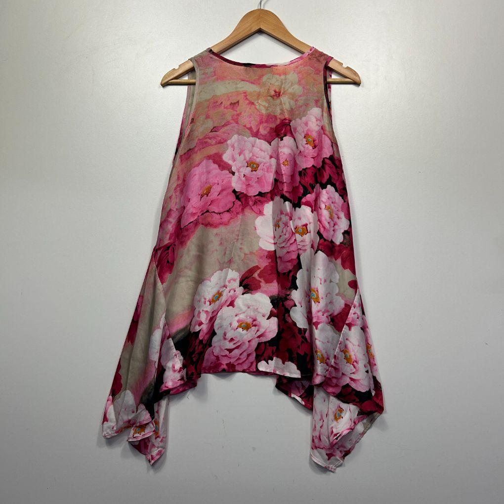 Flower Pink Floral Asymmetric Hem Top - Size 12