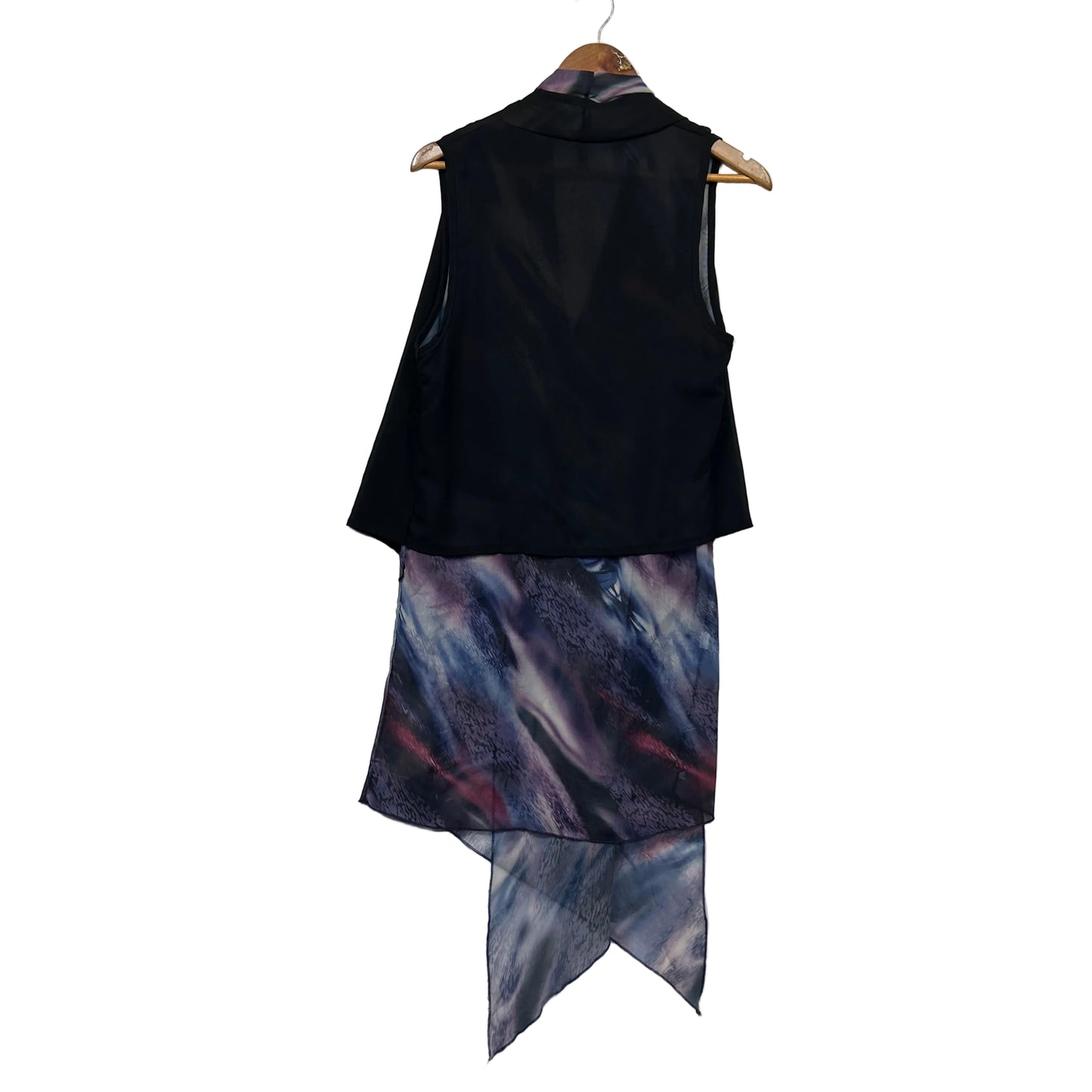 Sleeveless Black Vest with Watercolor Print Overlay Top - Size 14/16