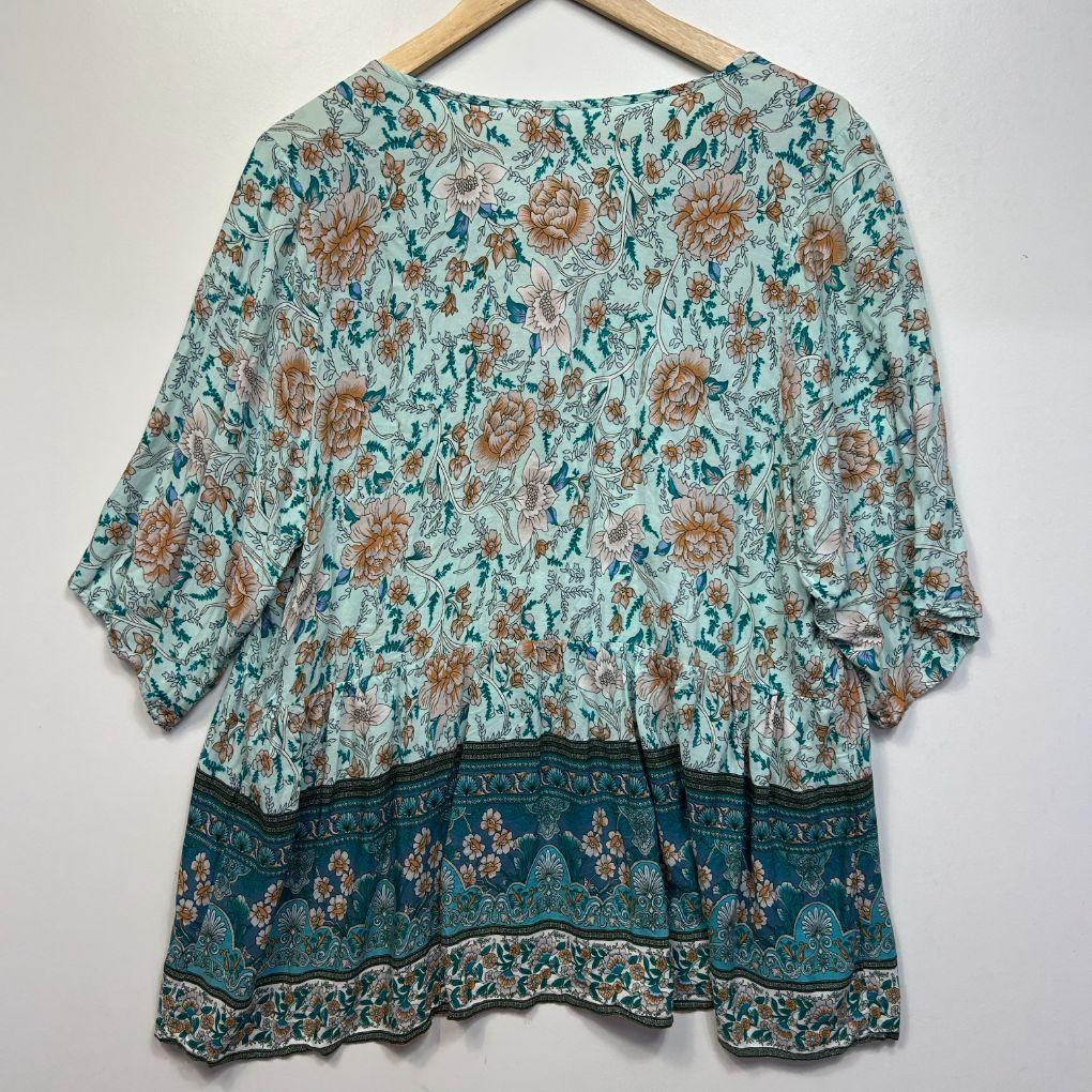 Brown Coco Teal Floral Boho Top - Size 0XL