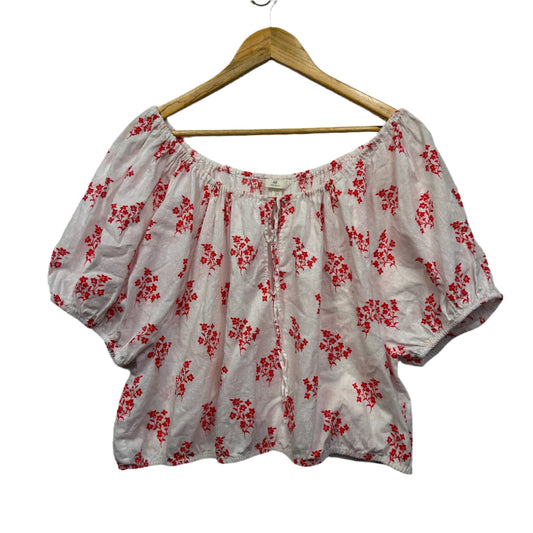 H&M Crop Top Size 14 16 Red White Floral Short Sleeve Linen Blend