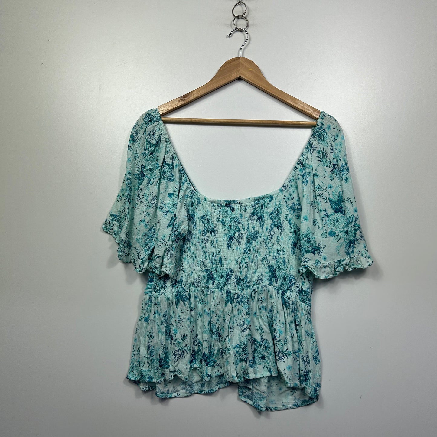 City Chic Aqua Floral Peasant Boho Top - Size 18/M
