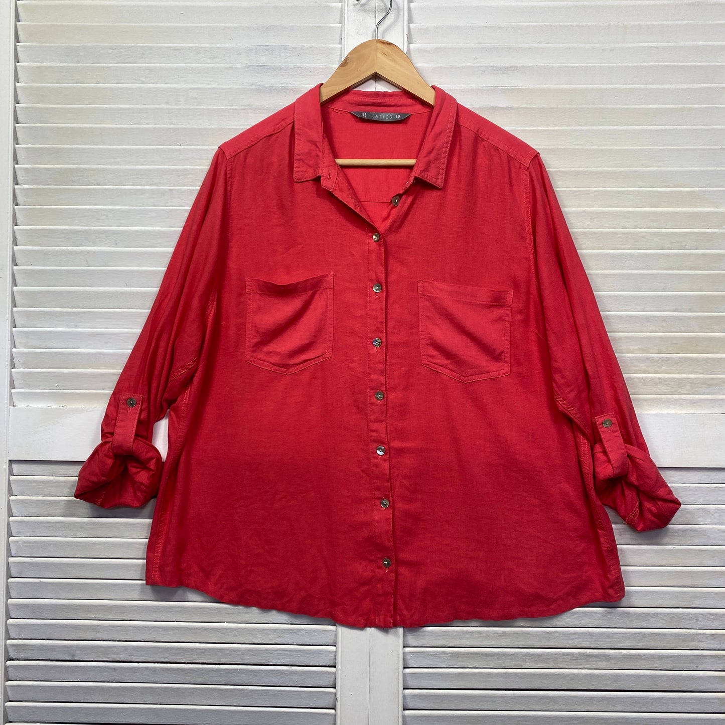 Katies Linen Shirt Top Size 18 Red Button Up Roll Tab Sleeve