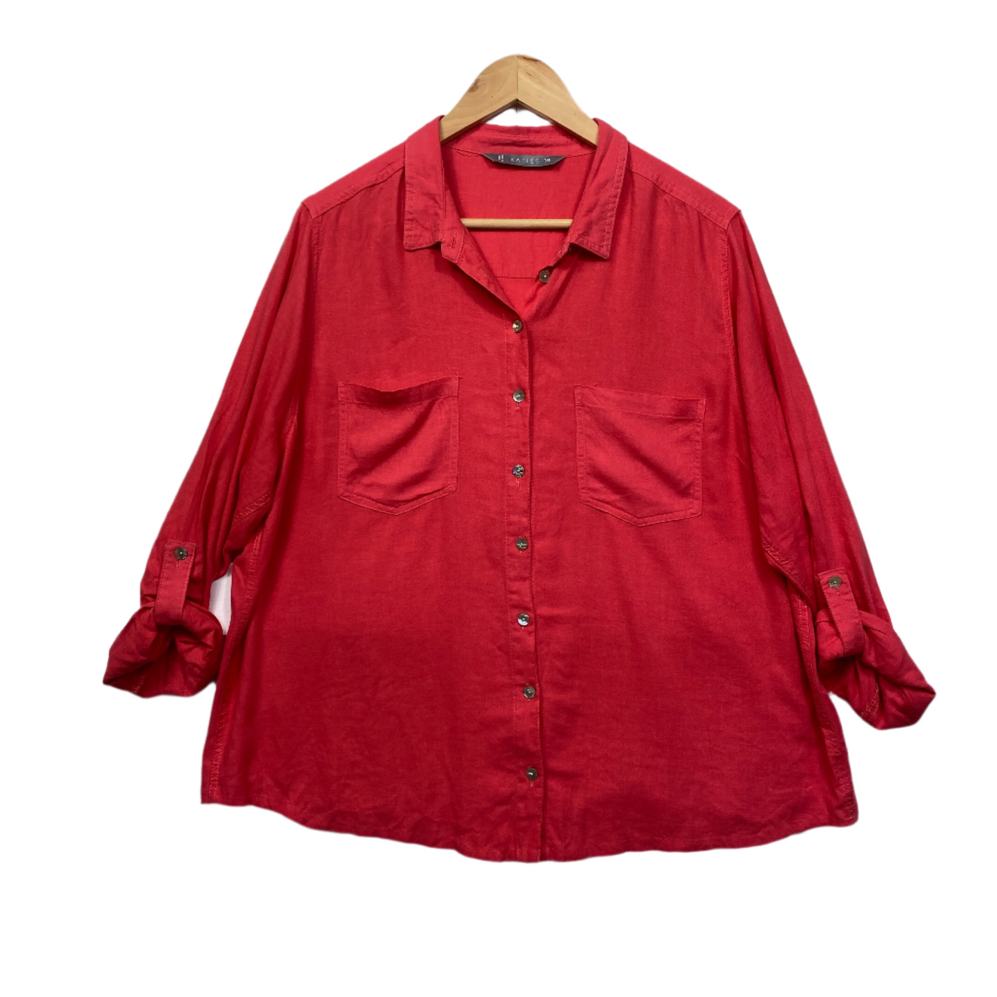 Katies Linen Shirt Top Size 18 Red Button Up Roll Tab Sleeve