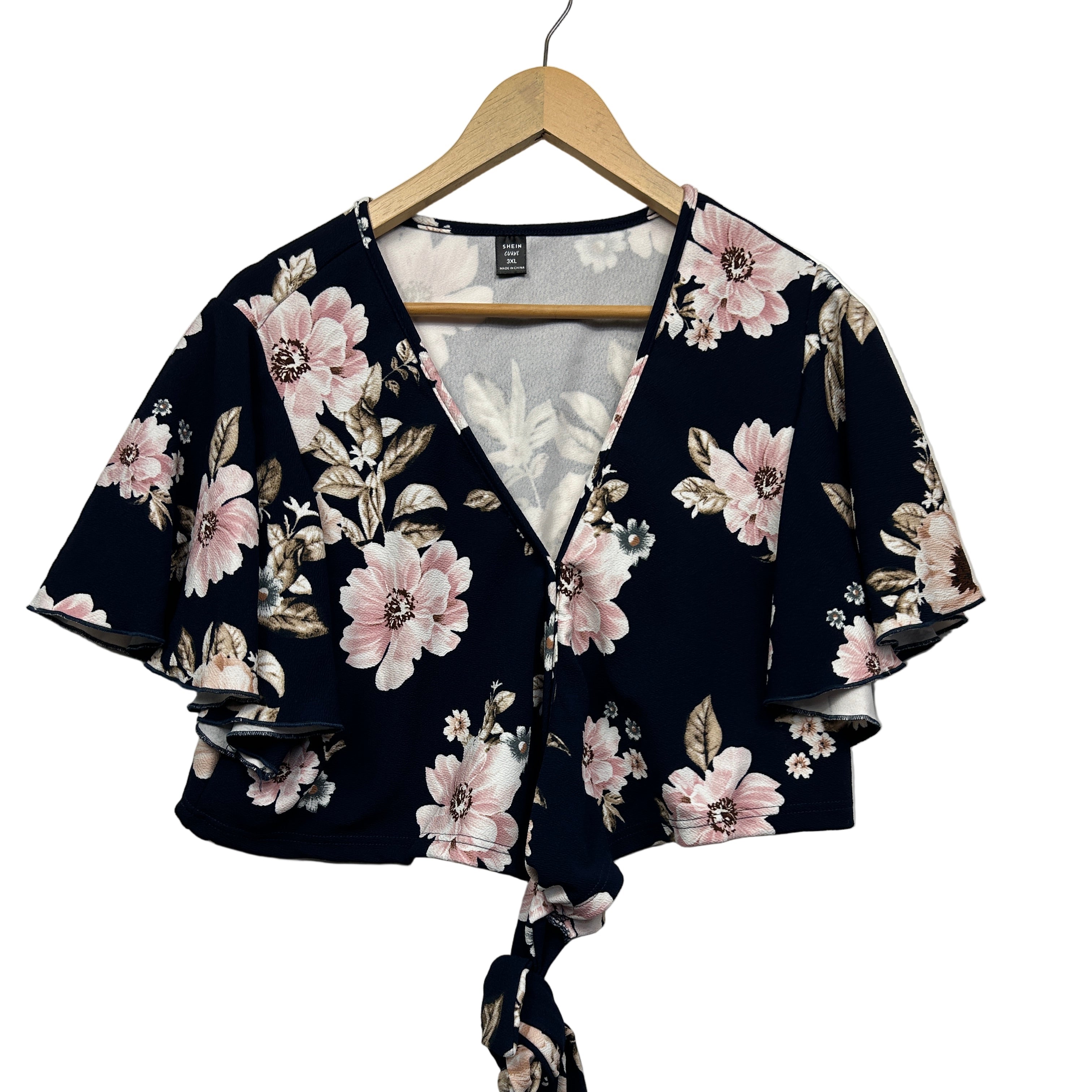 Shein Curve Crop Top Blouse Size 16 18 Floral Short Sleeve Navy