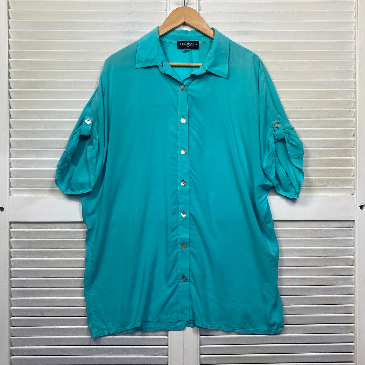 Philosophy Top Size 14 Teal Button Up Roll Tab Short Sleeve Viscose