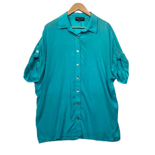 Philosophy Top Size 14 Teal Button Up Roll Tab Short Sleeve Viscose