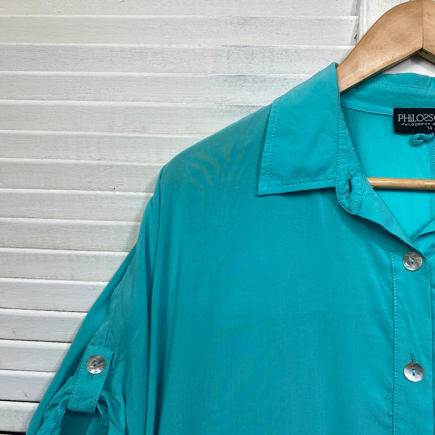 Philosophy Top Size 14 Teal Button Up Roll Tab Short Sleeve Viscose