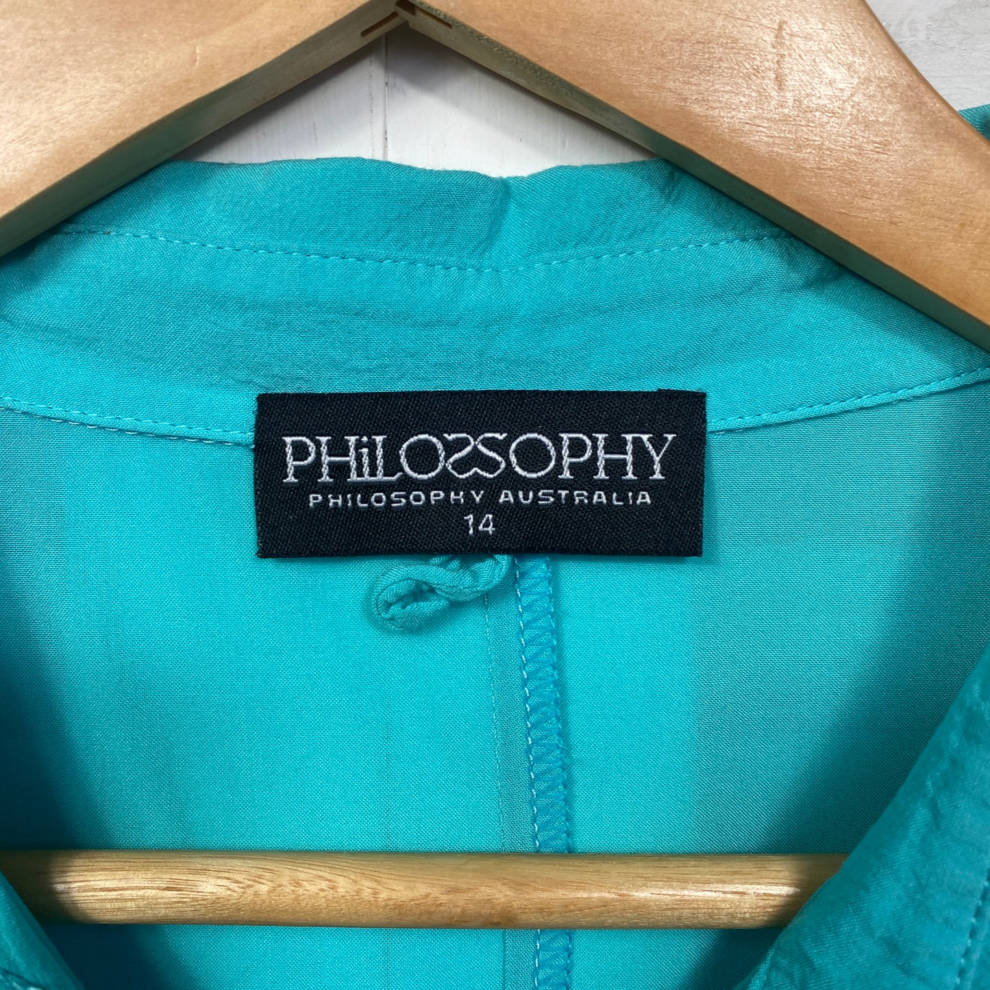 Philosophy Top Size 14 Teal Button Up Roll Tab Short Sleeve Viscose