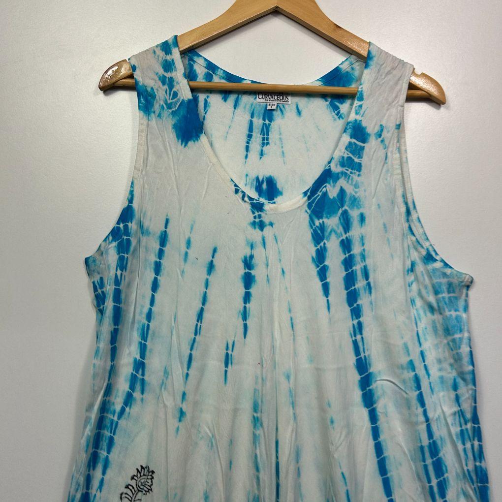 Curvaceous Blue White Tie-Dye Sleeveless Dress - Size 18