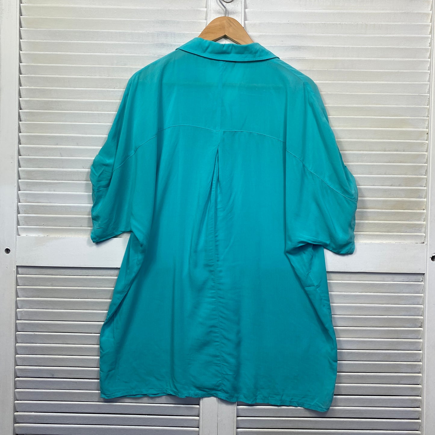 Philosophy Top Size 14 Teal Button Up Roll Tab Short Sleeve Viscose