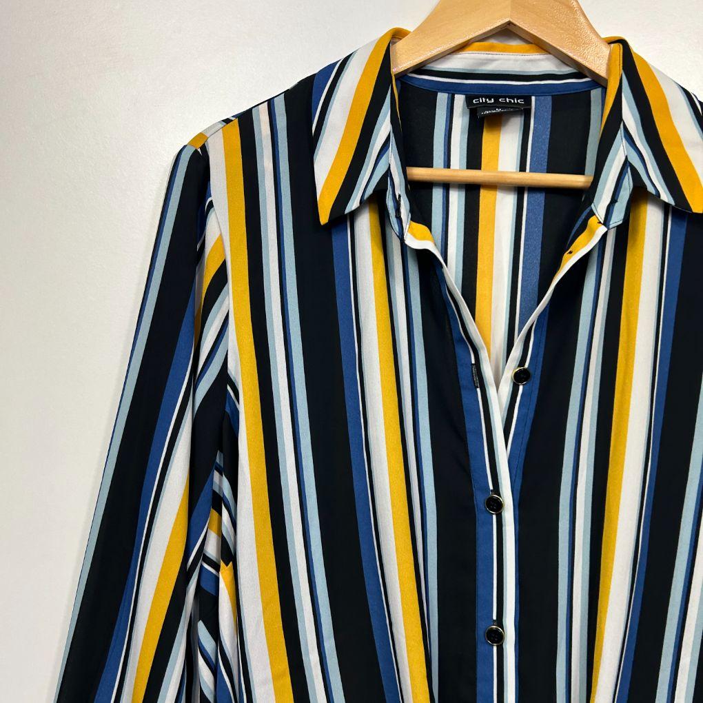 City Chic Navy Multi-Stripe Shirt - Size 18/M