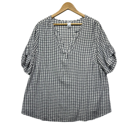 Anko Curve Top SIze 22 White Check Roll Tab Sleeve Viscose