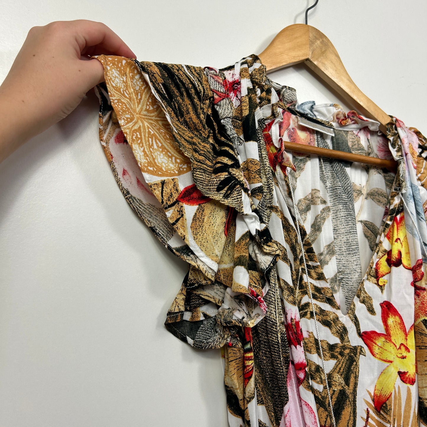 Natasha Gan Tropical Floral Print Midi Dress with Tiered Ruffle Hem - Size 16