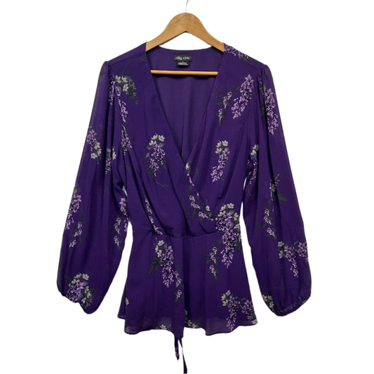 City Chic Top Size 16 Small Plus Purple Floral Long Sleeve