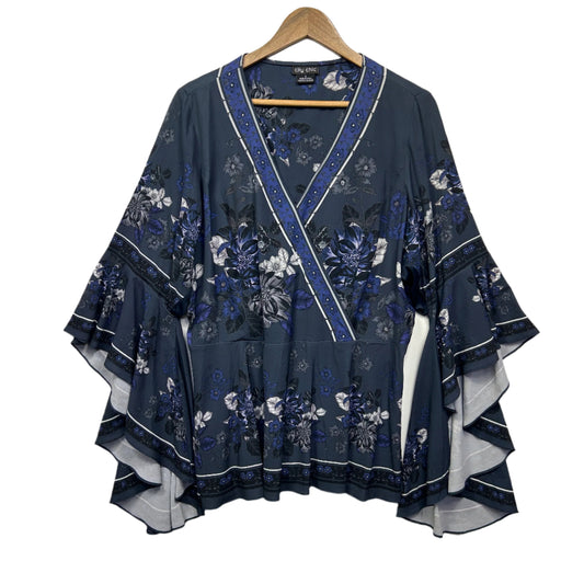 City Chic Top Size 16 Small Plus Blue Floral Bell Sleeve