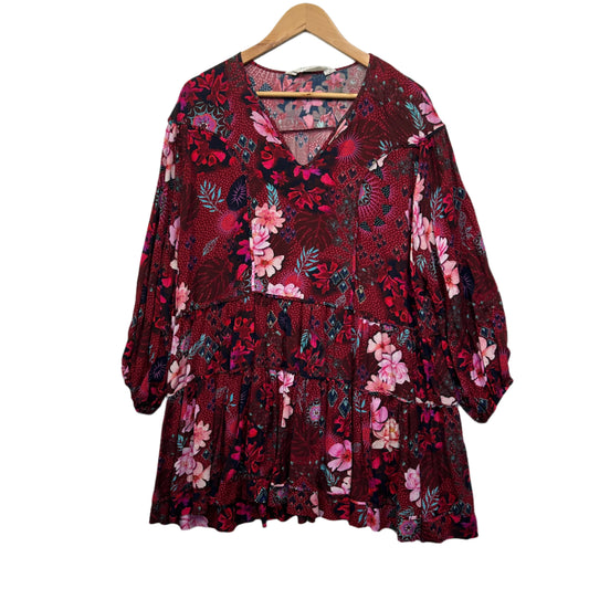 Virtuelle Tunic Top Size 18 Red Pink Floral Long Sleeve