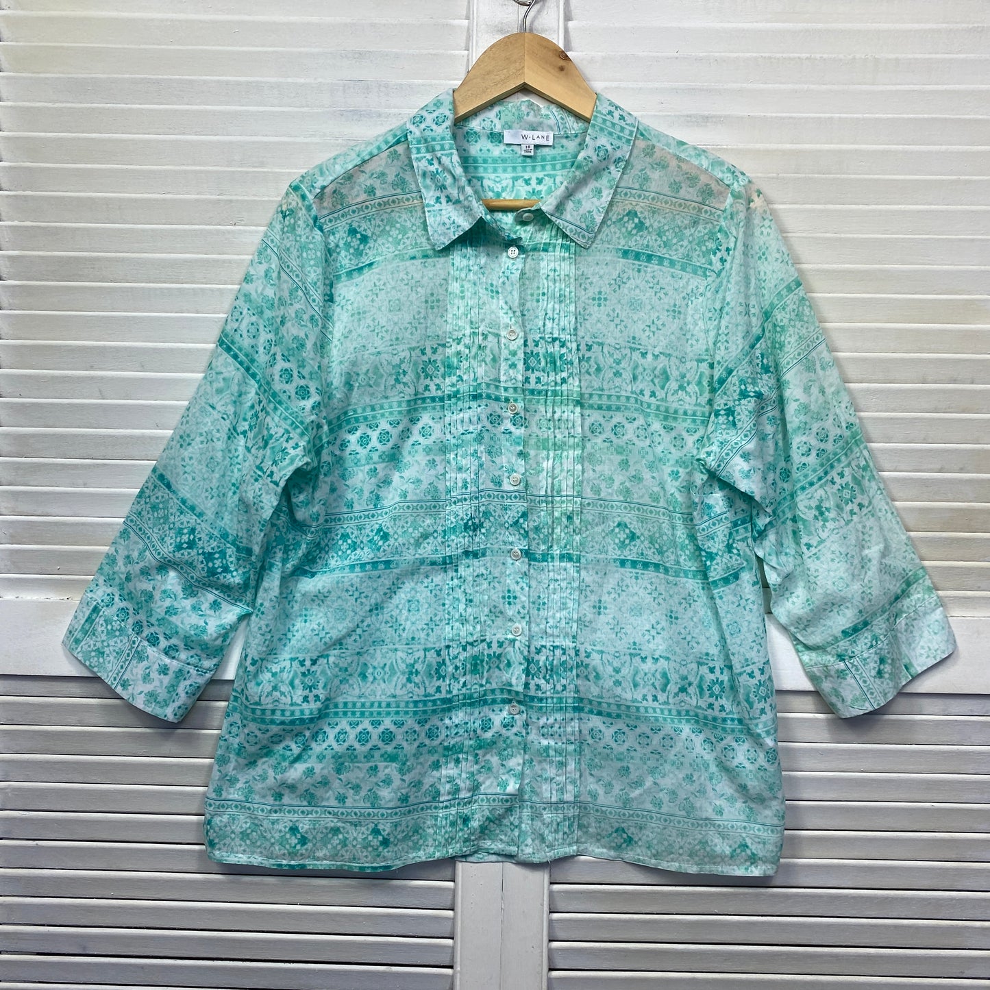 W Lane Top Size 18 Green Button Up Long Sleeve Cotton