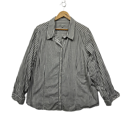 Yarra Trail Top Size 24 White Grey Striped Fitted Long Sleeve 100% Cotton