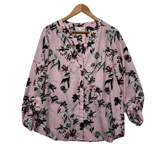 Noni B Top Size 16 Pink Floral Roll Tab Sleeve
