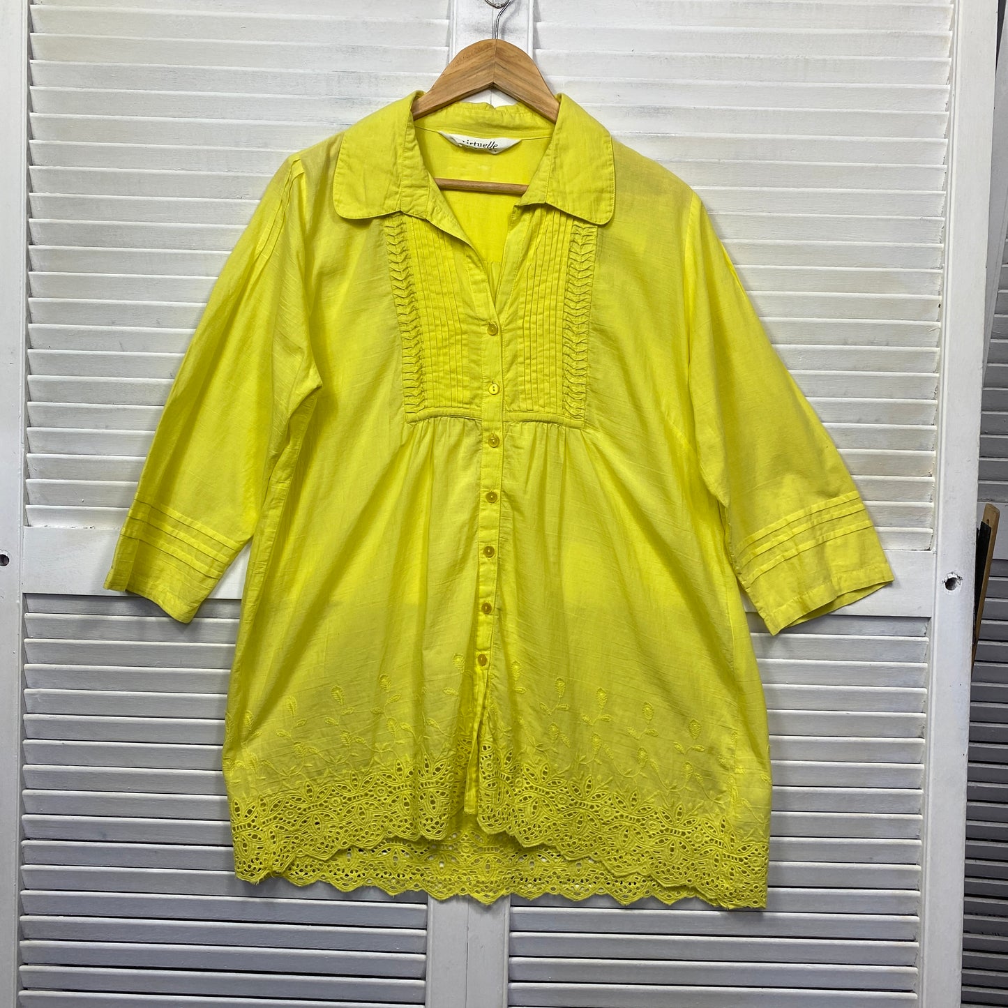 Virtuelle Top Size 14 Plus Yellow Crochet Sleeve Cotton Button Up