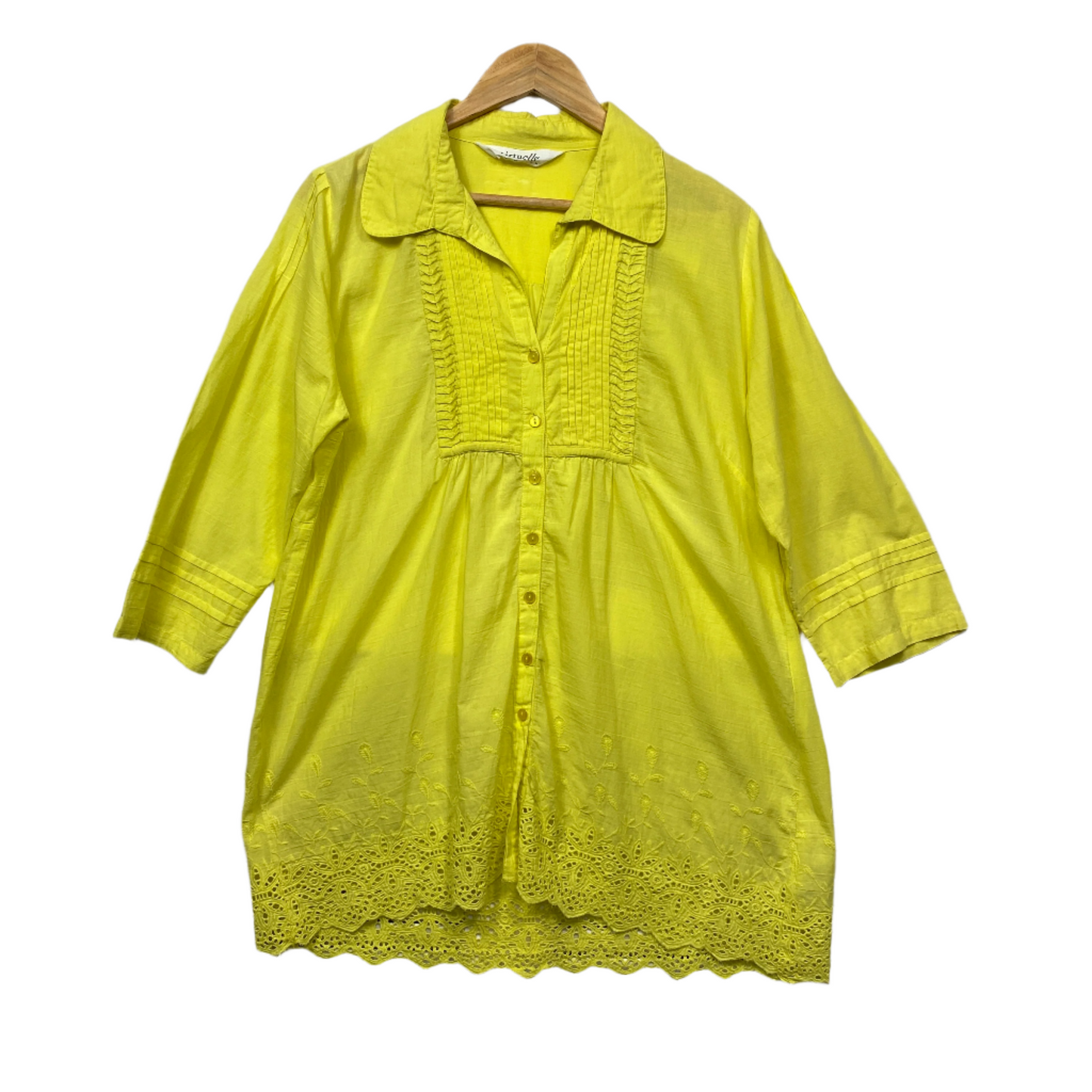 Virtuelle Top Size 14 Plus Yellow Crochet Sleeve Cotton Button Up