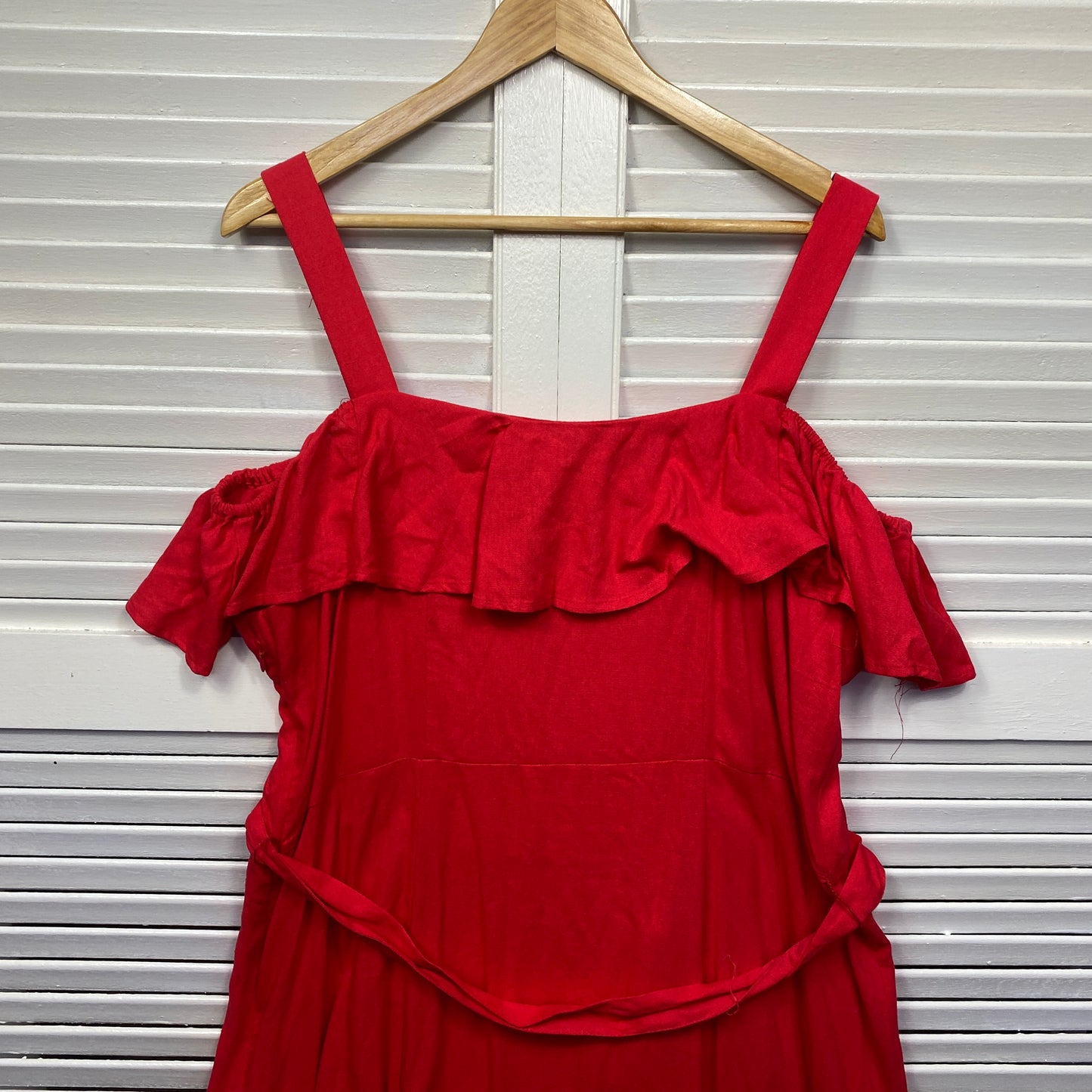 Rockmans Dress Size 18 Red Off the Shoulder Linen Blend