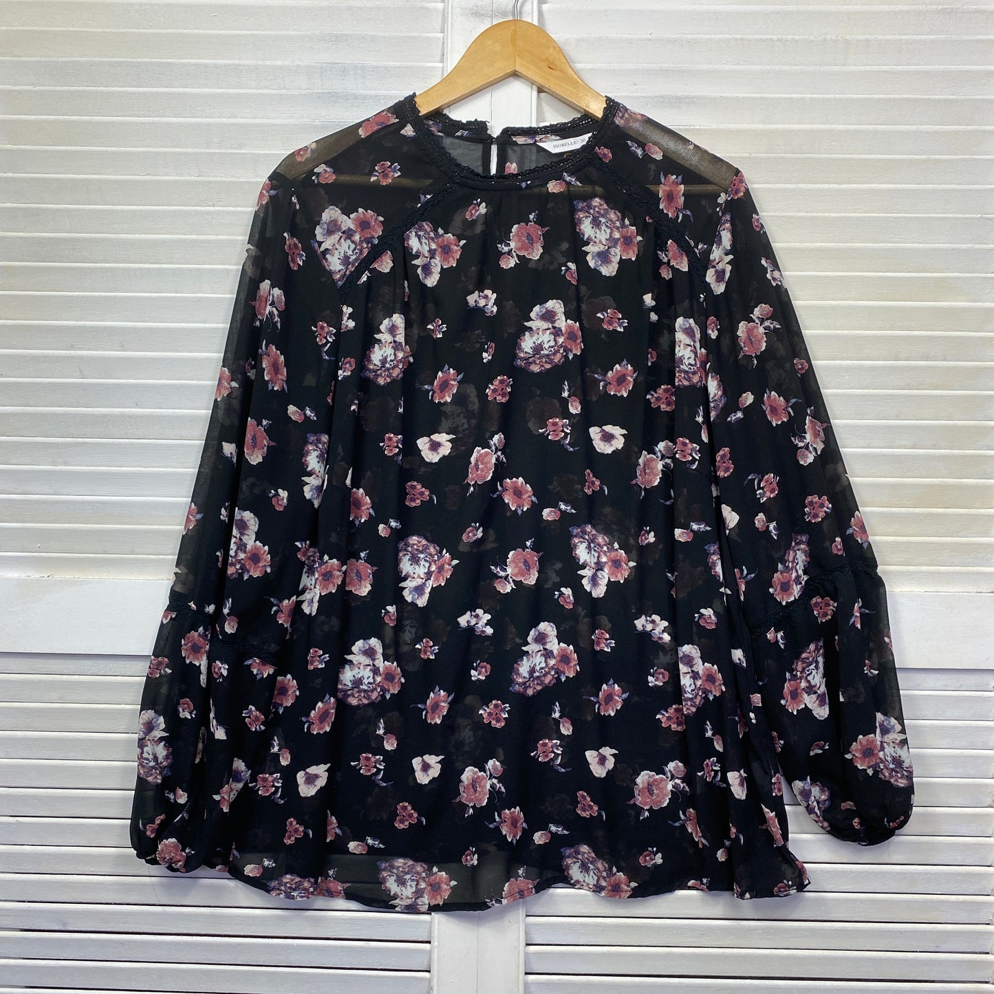 Isobelle Top Size 20 Plus Black Floral Long Sleeve Sheer