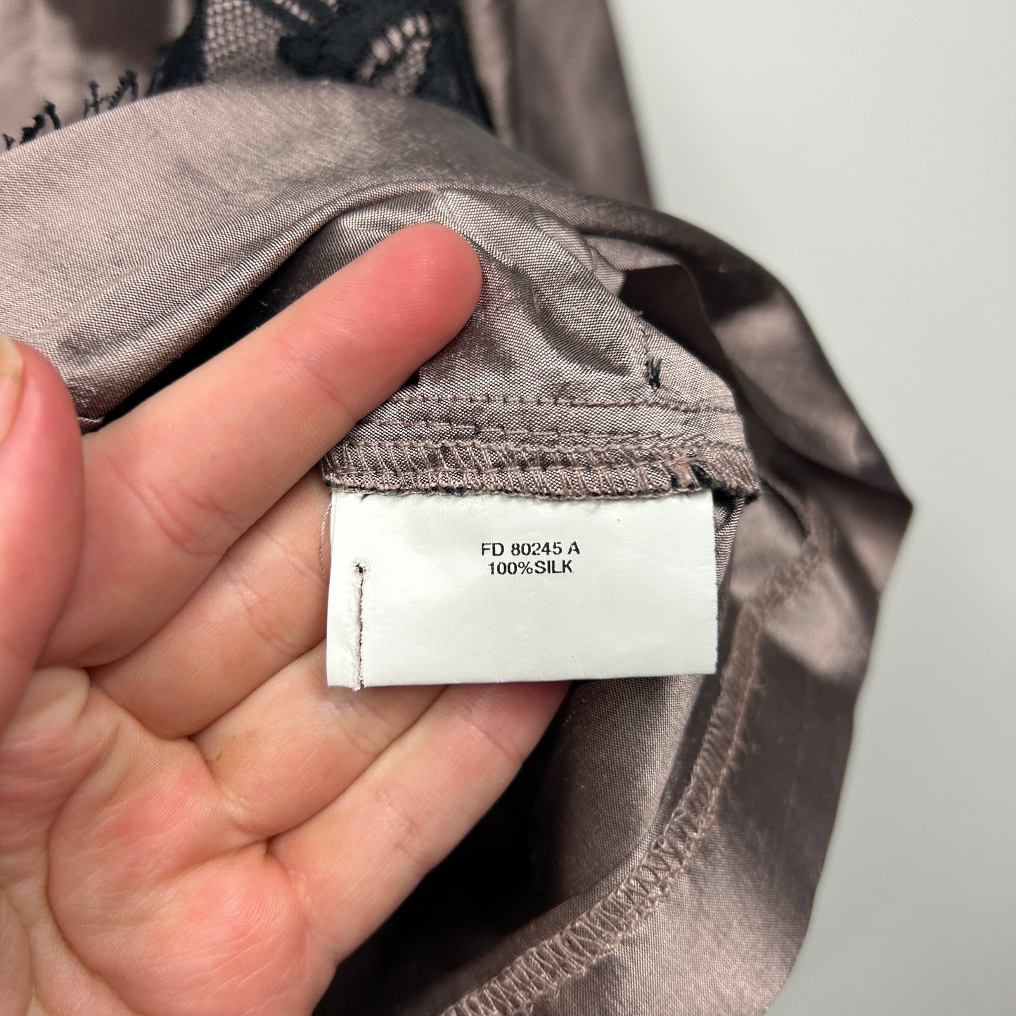 Anthea Crawford Taupe Silk Jacket with Black Lace Trim - Size 18