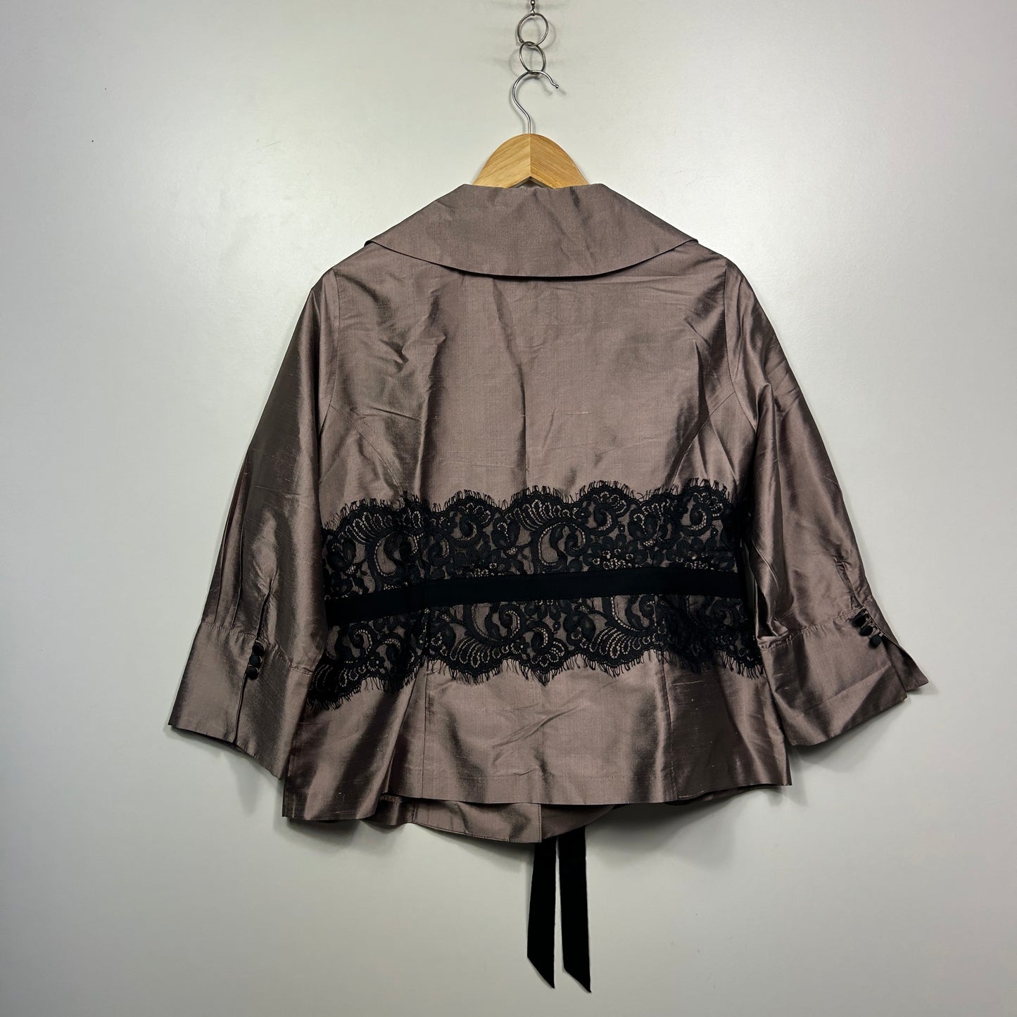 Anthea Crawford Taupe Silk Jacket with Black Lace Trim - Size 18