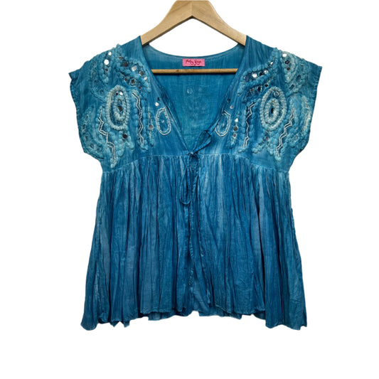Ruby Yaya Top Size 12 14 Blue Embroidered Open Front
