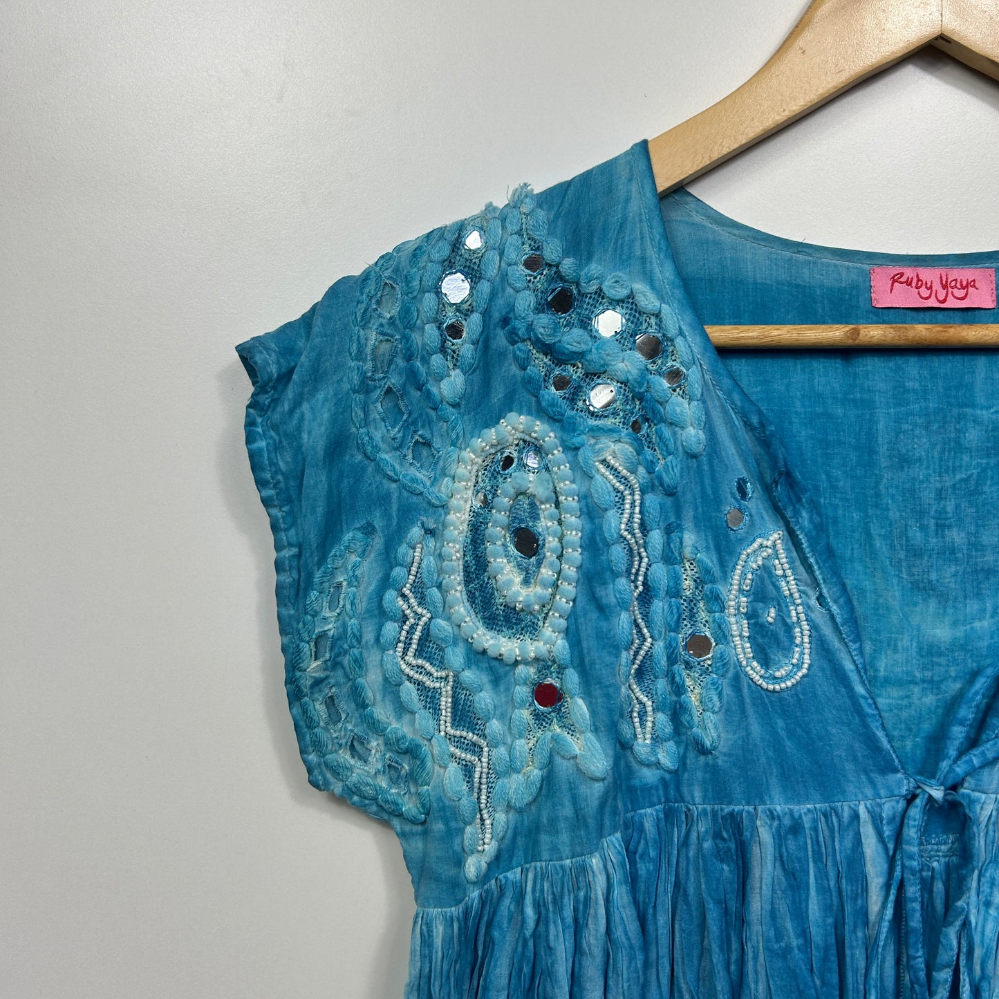 Ruby Yaya Top Size 12 14 Blue Embroidered Open Front