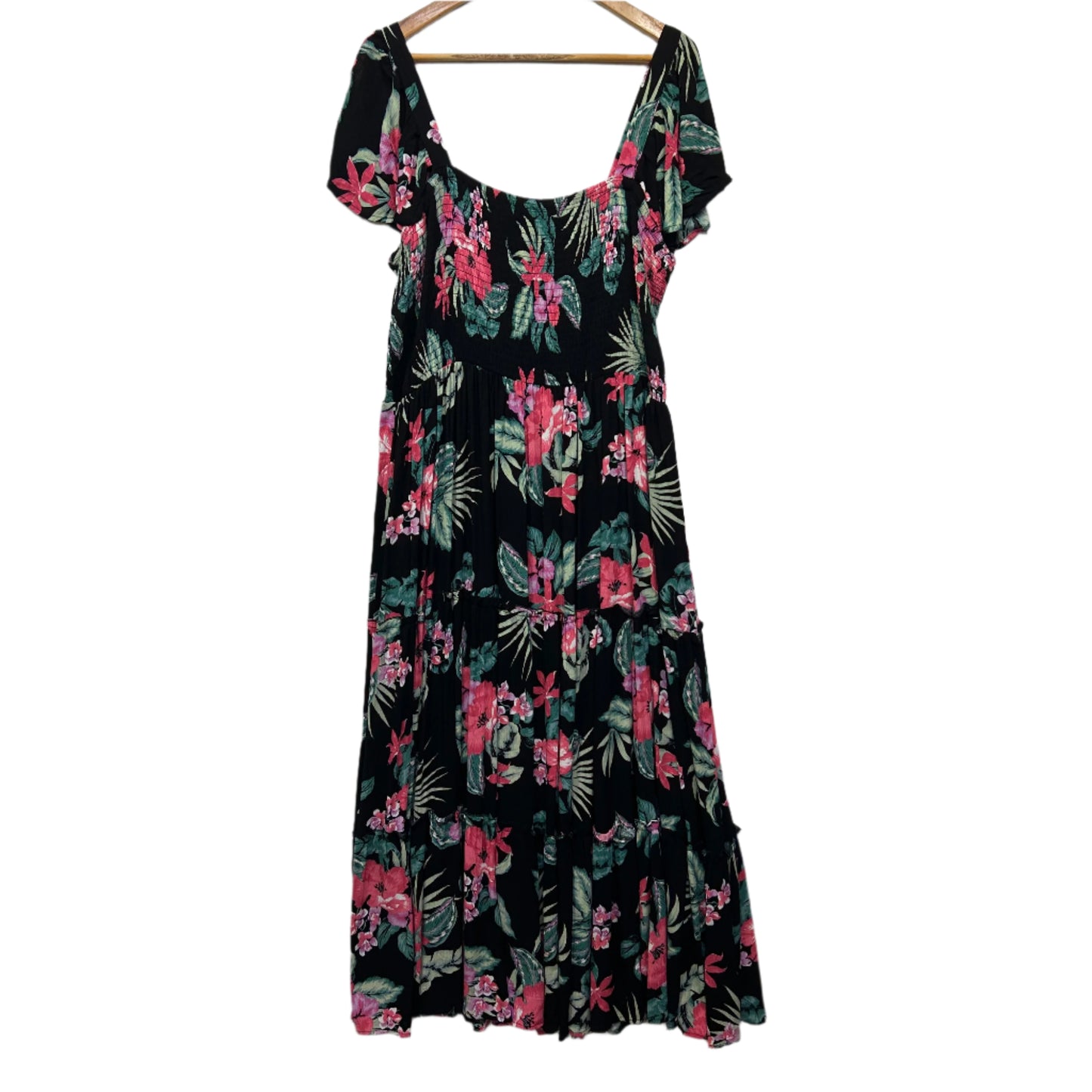 Maxi Dress Size 18 20 Black Floral Ruched Tiered Long Length Viscose