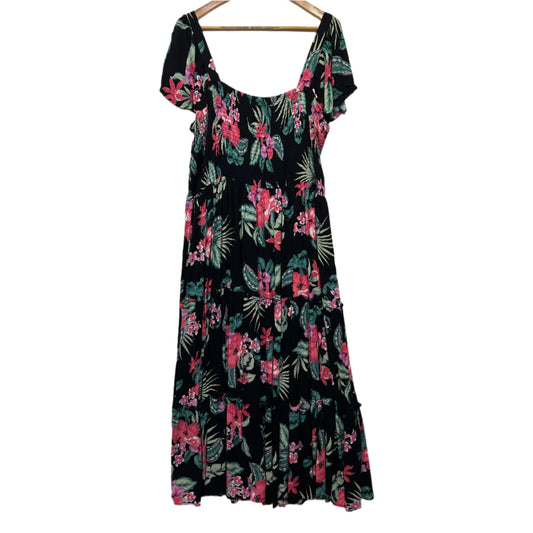 Maxi Dress Size 18 20 Black Floral Ruched Tiered Long Length Viscose