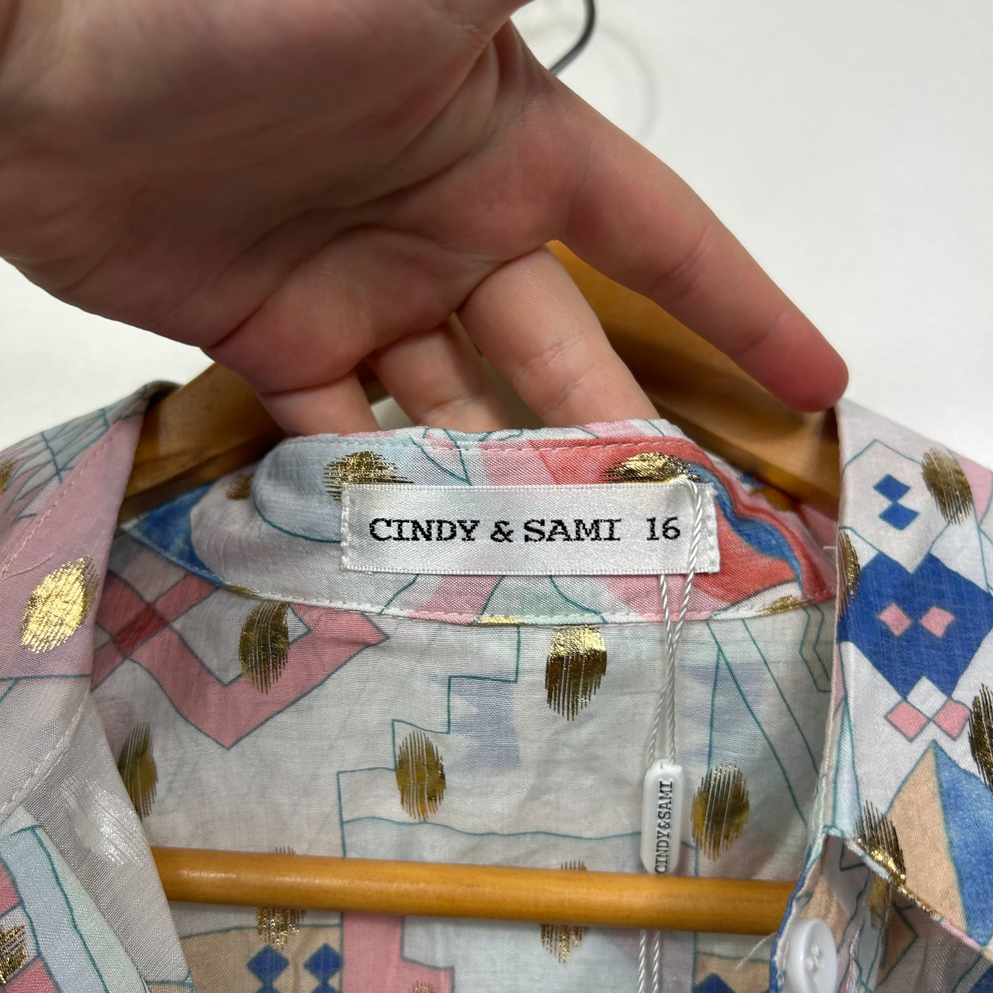 Cindy & Sami Geometric Print Blouse with Gold Accents - Size 16