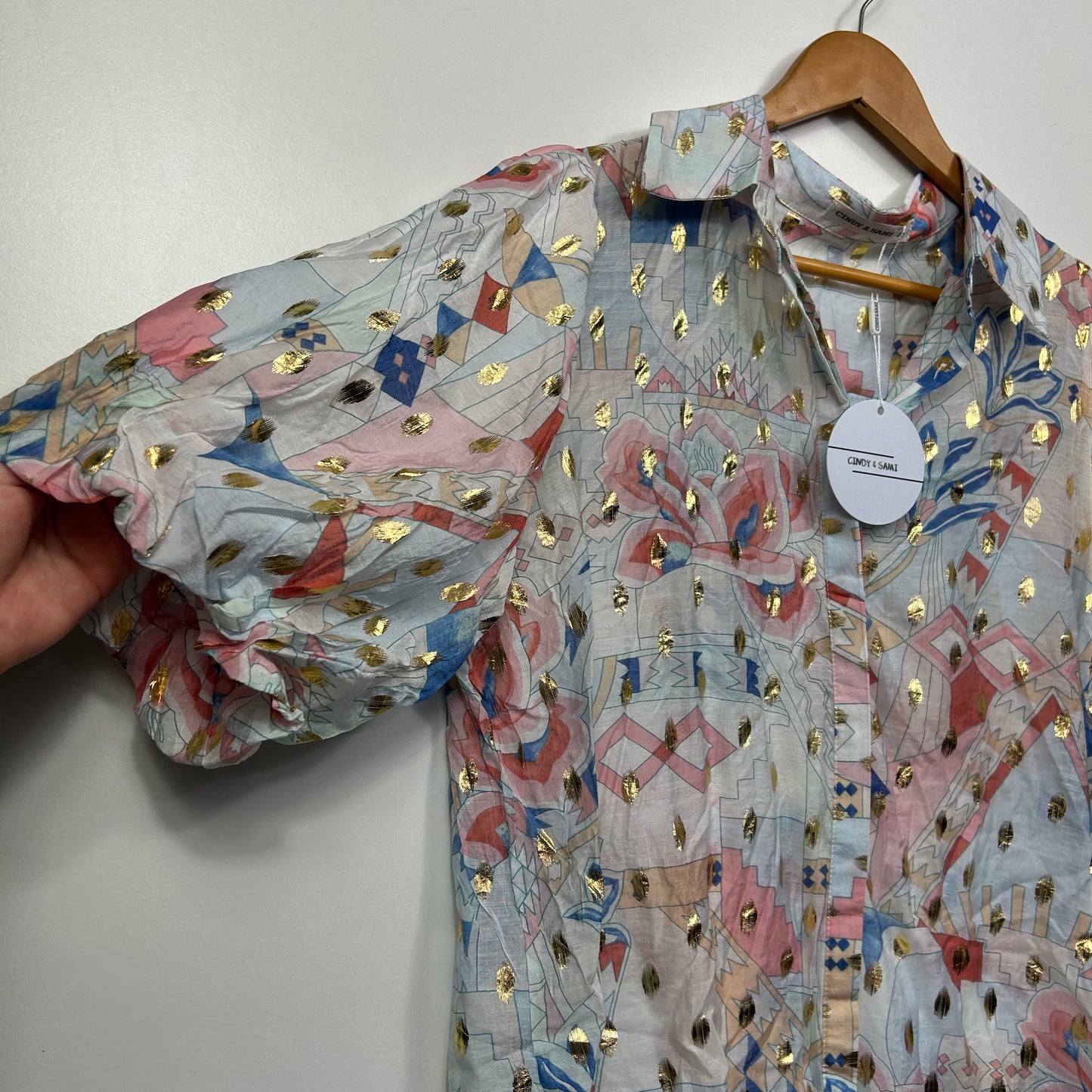 Cindy & Sami Geometric Print Blouse with Gold Accents - Size 16