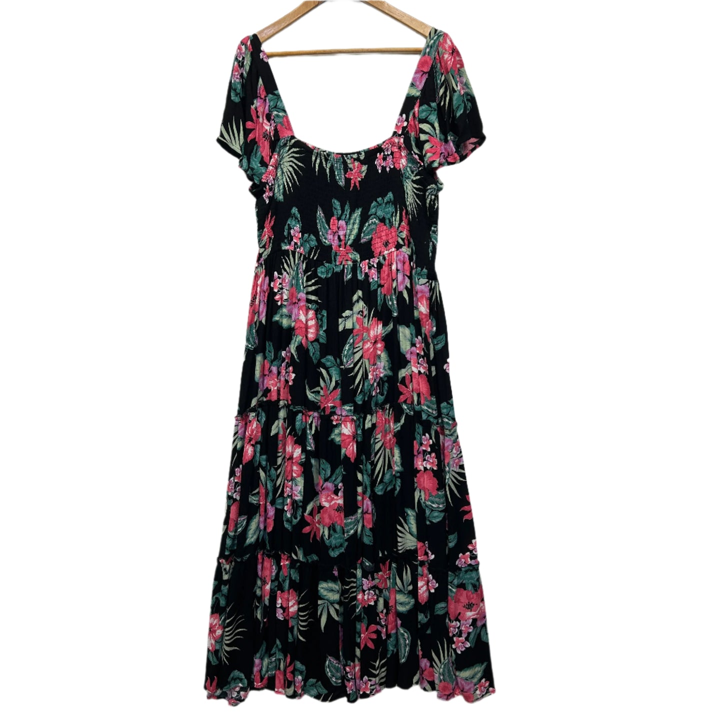 Maxi Dress Size 18 20 Black Floral Ruched Tiered Long Length Viscose