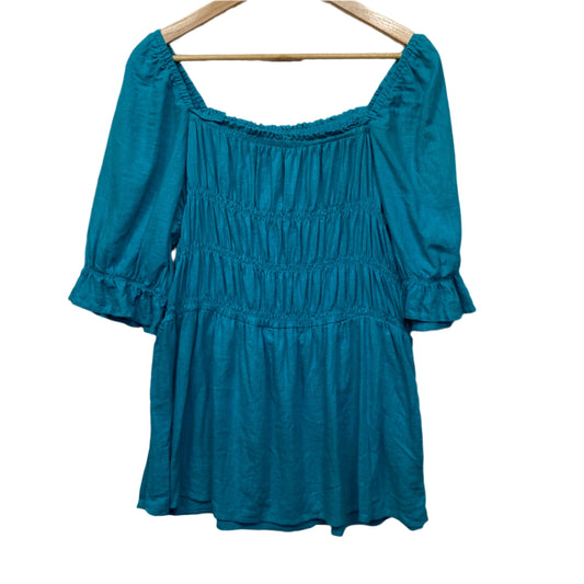 Linen Top Size 14 16 Blue Short Sleeve Ruched