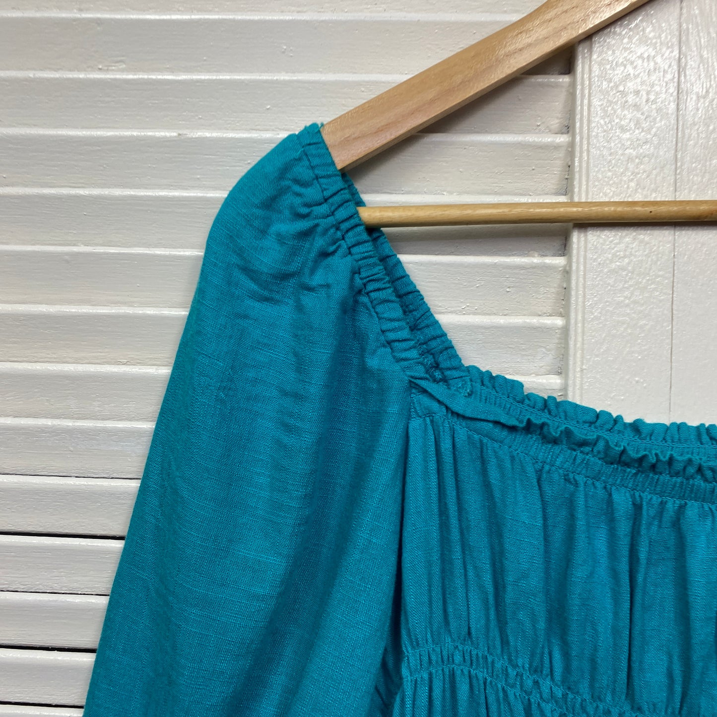 Linen Top Size 14 16 Blue Short Sleeve Ruched