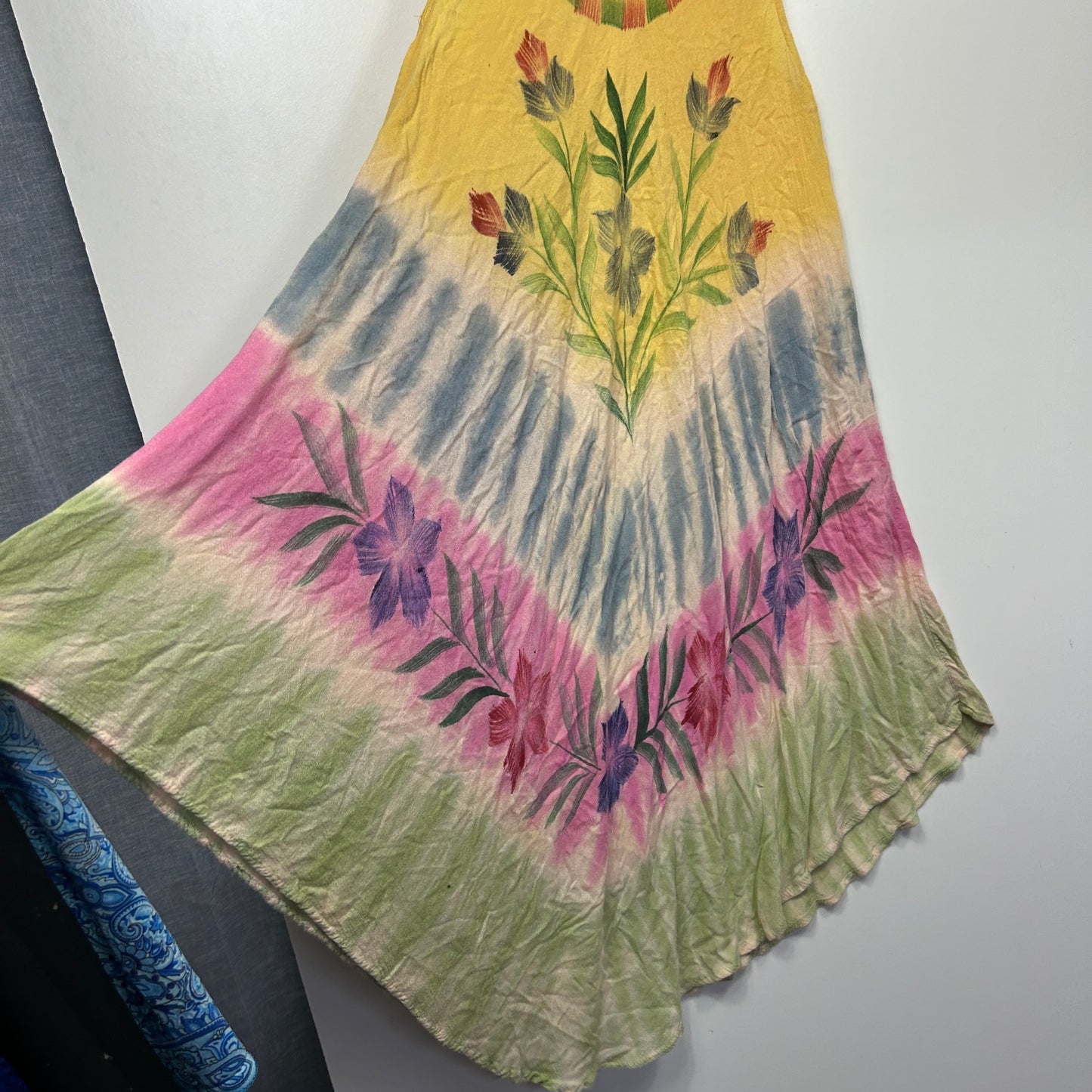 Tie-Dye Maxi Dress with Hand-Painted Botanical Details - One Size