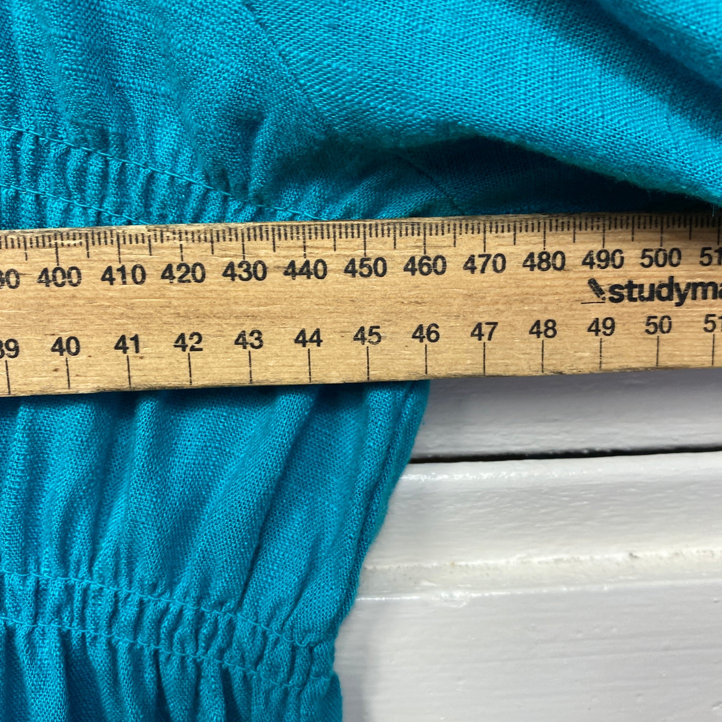 Linen Top Size 14 16 Blue Short Sleeve Ruched