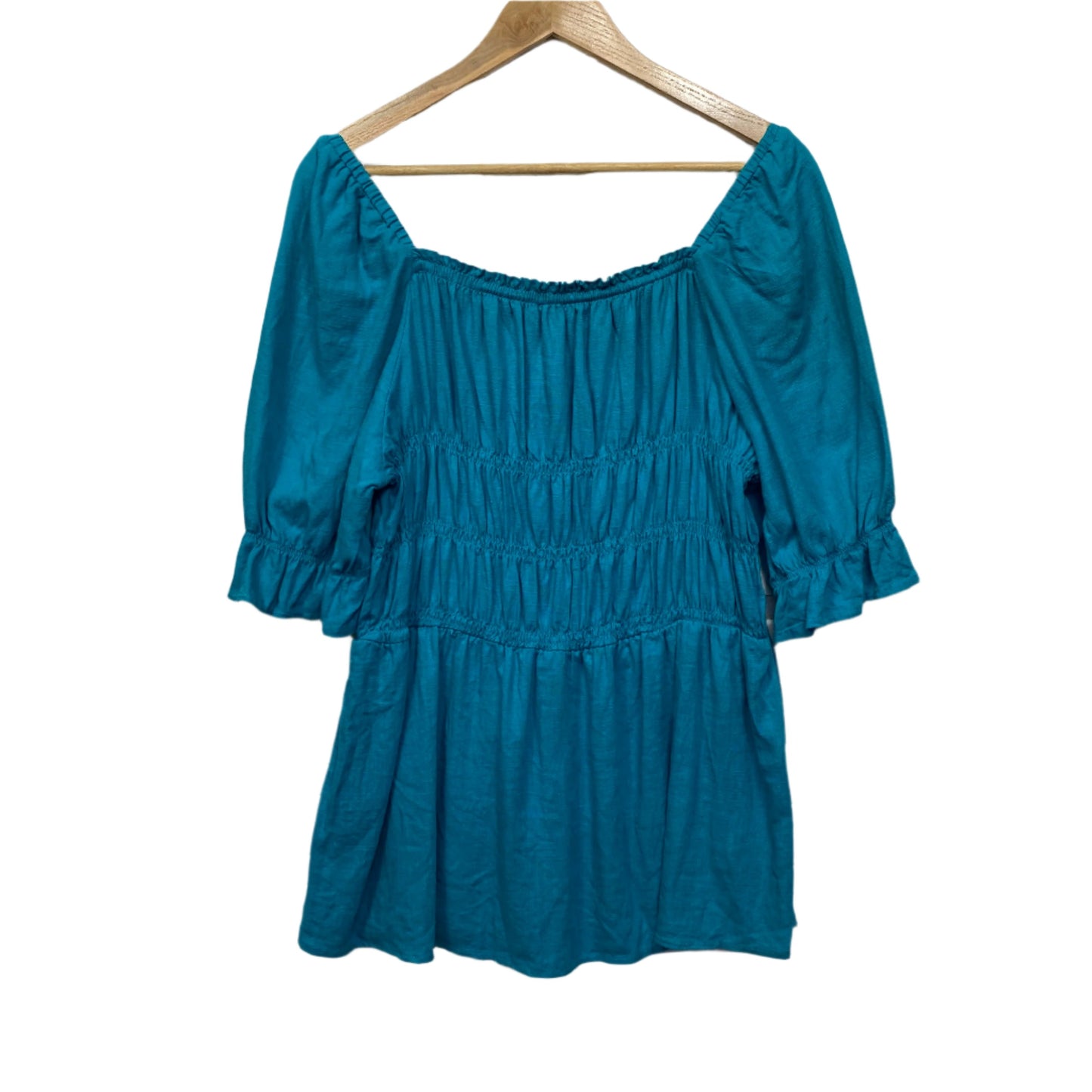 Linen Top Size 14 16 Blue Short Sleeve Ruched