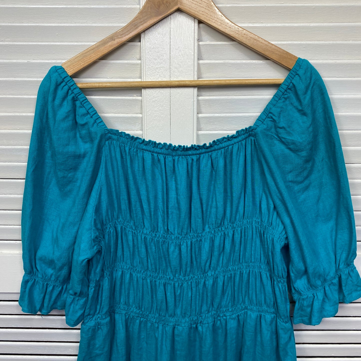 Linen Top Size 14 16 Blue Short Sleeve Ruched