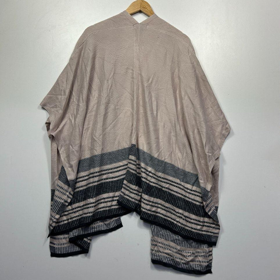 Liz Jordan Beige Stripe Border Knit Poncho Kimono - Size L/XL