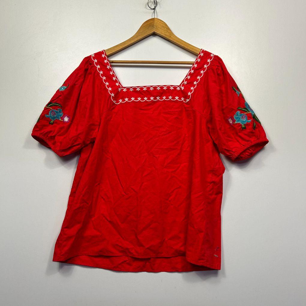 Next Love & Roses Red Cotton Embroidered Top - Size 14
