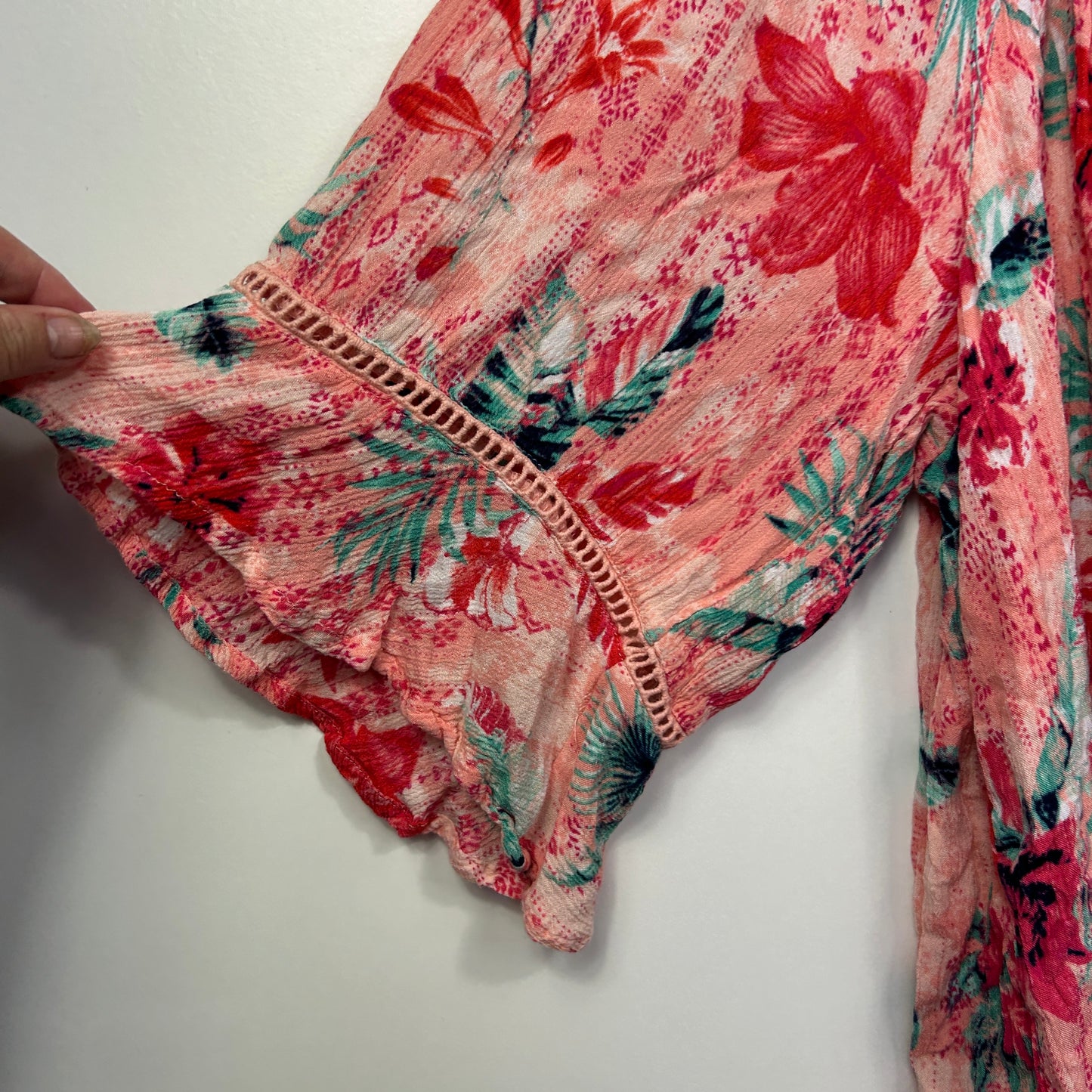 Coral Pink Floral Off-Shoulder Top with Ladder Lace Trim - Size 18/20?