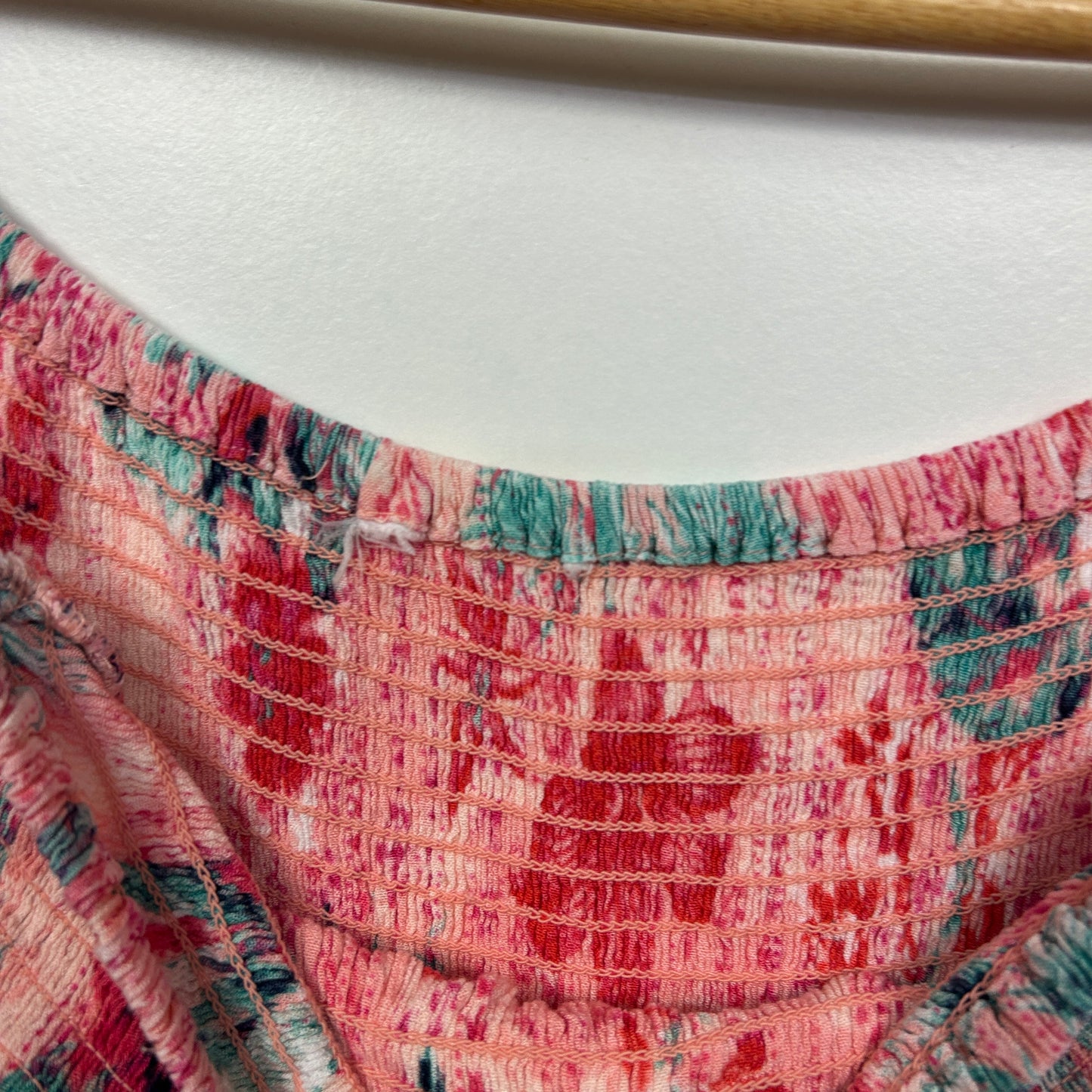 Coral Pink Floral Off-Shoulder Top with Ladder Lace Trim - Size 18/20?